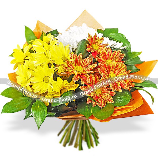 Солнечные блики - букет из разноцветных кустовых хризантем